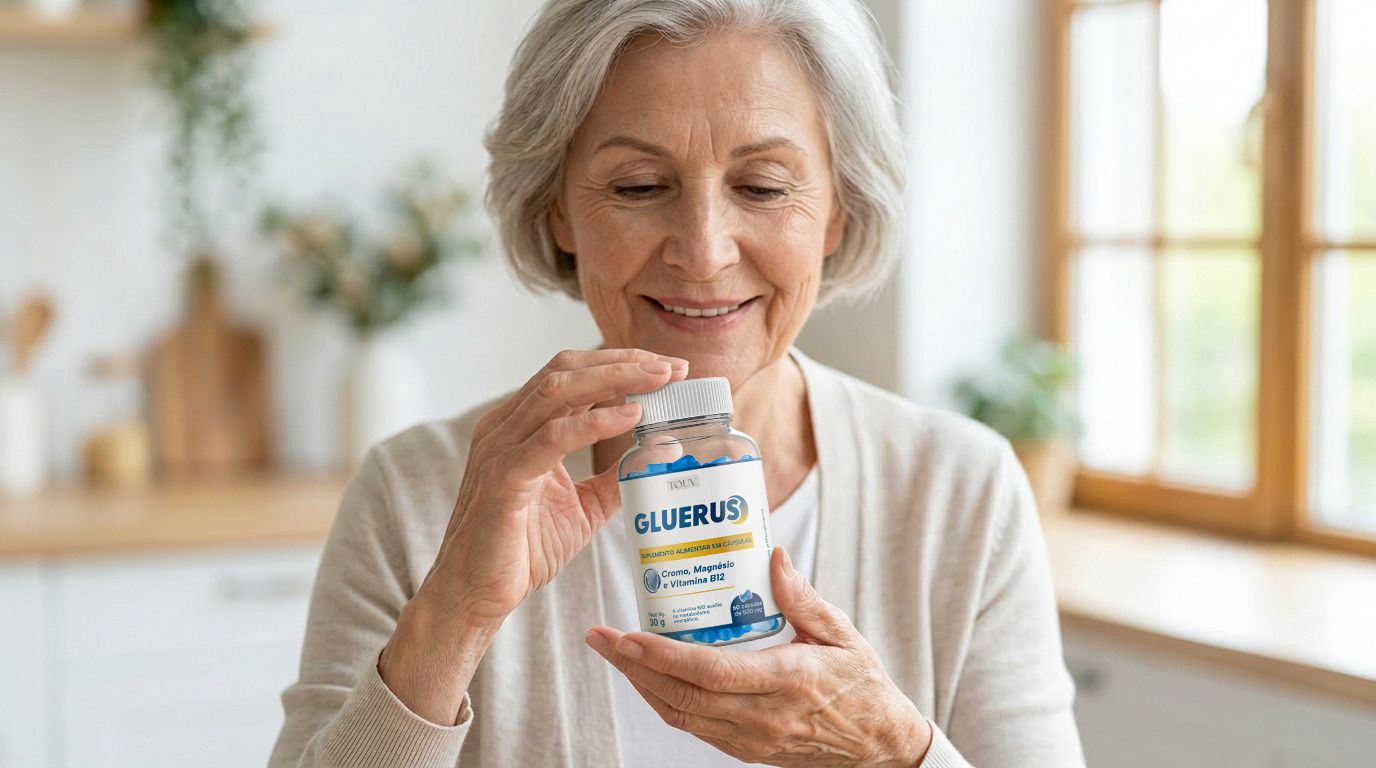 Homem satisfeito segurando o Gluerus Gotas